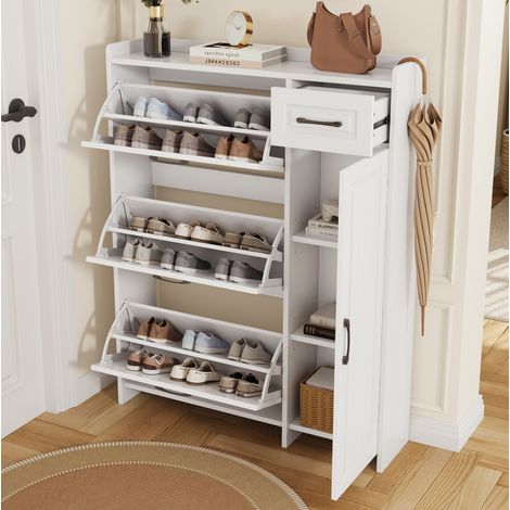 Meuble à chaussures 92x24x121 cm en MDF blanc, avec rangement gain de place pour entrée FloraGrace (1/5)