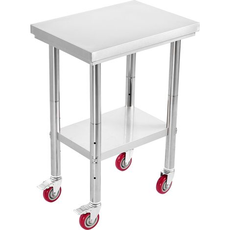 Mophorn Tavolo in Acciaio Inox, Piano di Lavoro per Preparazione Alimenti 610 x 450 x 860 mm con Ruote, Postazioni Regolabili per Cucine Professionali, Ristoranti e Hotel