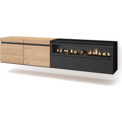 Skraut Home - Mueble TV, Televisión, Muebles de salón, almacenaje, 200x45x35cm, Para TV hasta 80", Chimenea eléctrica, Colgado, Suspendido, Estilo Moderno, Roble y negro (1/5)