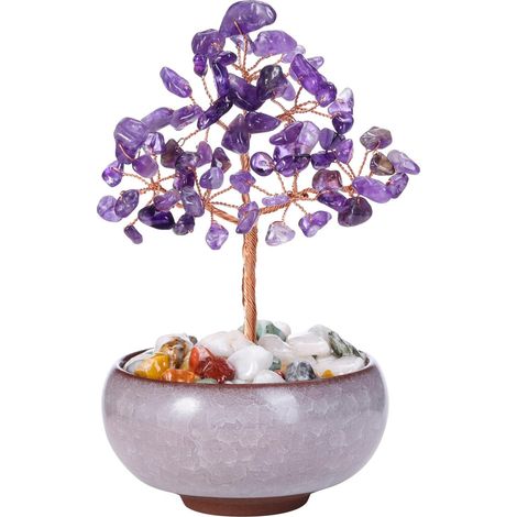 Arbre de Vie Améthyste Pierre Naturelle Gemme Feng Shui Figurine avec Base Bol de Céramique Guérison Reiki Cristaux Équilibre Bibelot Objet Décoration Ornement pour Bureau Chambre (Améthyste)