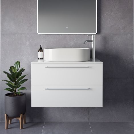 Napoli 460 Gloss White 800mm Wall Mounted 2 Drawer Vanity Unit for Countertop Basins - 800mm - Chrome 480mm Handle
