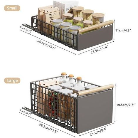 Lot de 2 Tiroir Coulissant Pliable Sans Perçage ni Collage, Panier coulissant pour Cuisine Placard,Coulisse Rangement ,Telescopique, Gris Grande+petit (1/5)