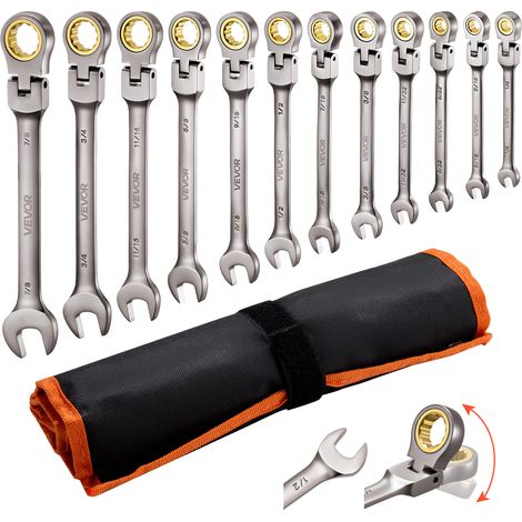 VEVOR Jeu de Cles Mixtes 12PCs, Cle Plate a Cliquet a Tete Flexible, pour Reparation Domestique et Automobile, Taille SAE, Extremite Fourche, 72 Dents, en Acier Cr-V, avec Trousse Enroulable (1/5)