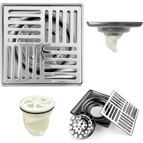 Bonde de douche carrée en acier inoxydable anti-odeur pour toilettes, salles de bains, cuisines, etc. (100 x 100 mm, argenté) (1/5)