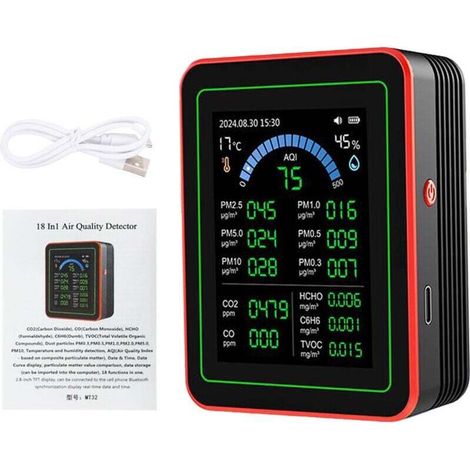 Moniteur de CO2, compteurs de qualité de l’air intérieur 18 en 1, détecteur portable de dioxyde de carbone, CO2 TVOC HCHO PM2.5 PM10 Testeur pour la maison et le bur