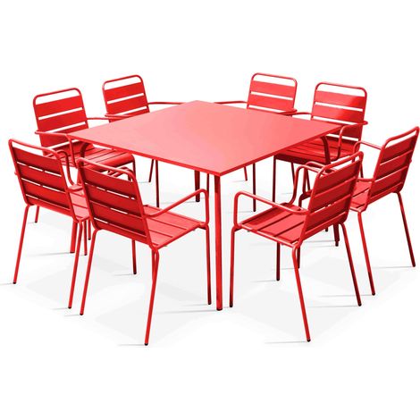Ensemble table de jardin carrée et 8 fauteuils en métal rouge - Palavas (1/5)