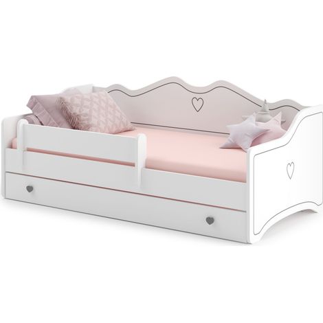 Lit enfant Mila gris 70x140,  blanc avec tiroir, barrière, matelas et sommier pour chambre d'enfant