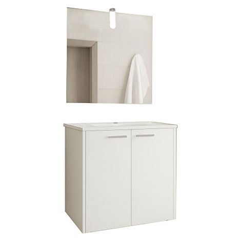 Meuble salle de bain - Largeur 600 mm - Blanc - Ensemble complet : Meuble suspendu 2 portes + vasque + Miroir simple + Applique LED - CIT/ELS/S/600/B
