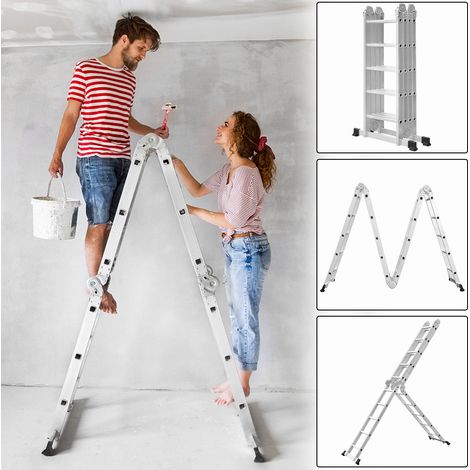 Froadp 580cm Aluminum Mehrzweckleitern 4x5 Stufen Gerüst Leiter Ausziehbar Treppenleiter mit 2 Arbeitsplattform Klappbare Stehleiter Arbeitsbühne Silber Schiebeleiter (1/5)