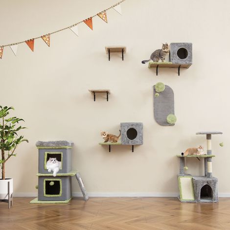3 en 1 Arbre à Chat à 3 Niveaux avec Condo et Planche à Griffer, Maison pour Chaton avec 2 Condos, Parcours Mural Chaton avec 2 Poteaux (1/5)