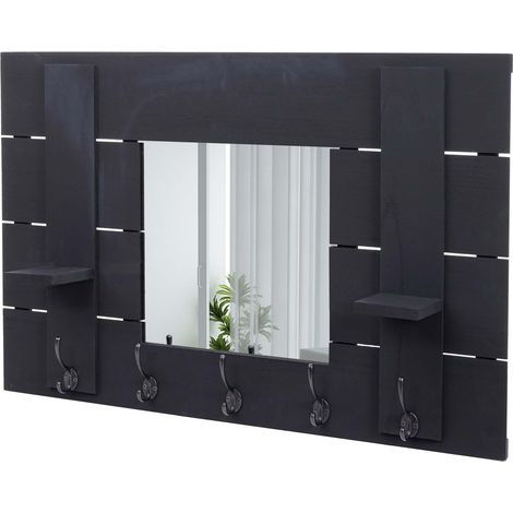 [JAMAIS UTILISÉ] Garderobe murale HHG-933 avec miroir, planche vestiaire, shabby, vintage, 5 crochets 90x60cm, gris foncé