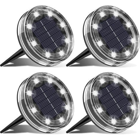 Lot de 4 Lampe Solaire Au Sol, 8 LED Lumiere Solaire Exterieur Jardin IP68 Étanche, Spot Solaire Extérieur pour Chemins Pelouse Terrasse Allée Cour Piscine Passerelle, Blanc Froid (1/5)