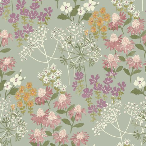 Pretty Floral Wallpaper Sage Green Pink Purple Watercolour Flowers Feature Wall (1/4)