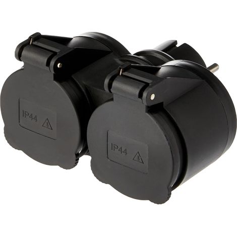 Adaptateur d'extérieur 2 prises Schuko, résistant à l'eau IP44, fiche allemande, multiprise 2 prises Schuko avec bouchon, noir (1/5)