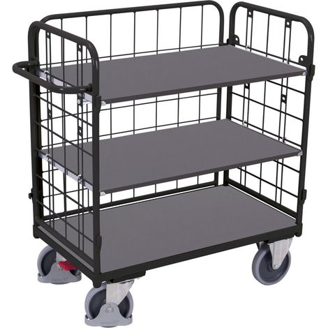 VARIOfit Dreiwandwagen, niedrig und vergittert mit 3 Etagen 850x500mm Anthrazitgrau RAL 7016