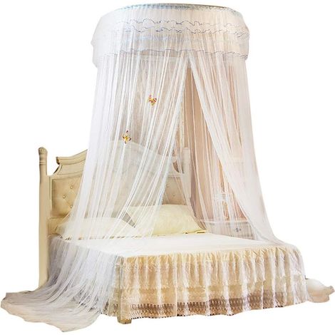 Moustiquaire de plafond de moustiquaire dentelle idyllique princesse lit protection auvent moustiquaire grande moustiquaire literie rêve papillon lumineux moustiquaire ronde, Blanc