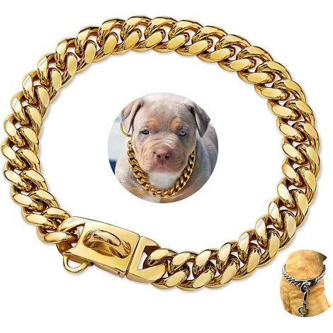 Heavy Duty Cuban Link Dog Collar Gold Stainless Steel Small Medium Large American Bully French Bulldog Dog Collar with Deluxe Safety Buckle (1/5)