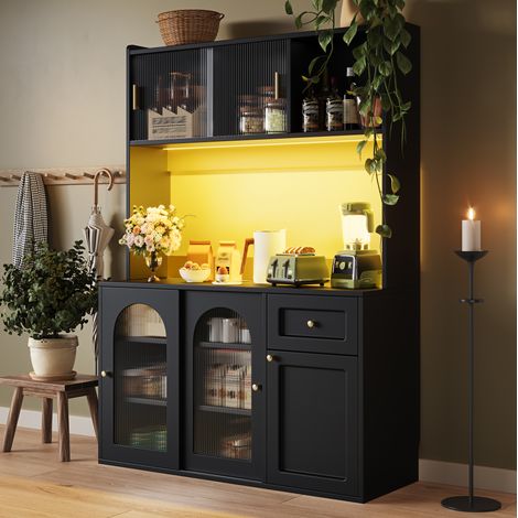 MEUBLIV Credenza da cucina nera 120x35x167 cm con LED, vetrine e ripiani regolabili (1/5)