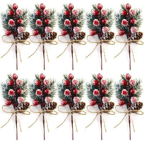 Lot de 10 tiges de Baies de Noël Rouges de 15 cm - Petits Pics et Sprays de Noël artificiels avec Pommes de pin, Houx, Baies de Noël, décorations de Fleurs pour couronnes de Noël (1/4)