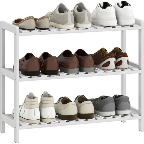 Étagère à chaussures. porte-chaussures 3 niveaux. étagères à lattes. en bois de pin. 70 x 26 x 57.5 cm. blanc (1/5)