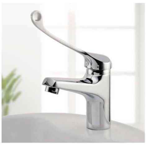 QORVA-Mitigeur de lavabo avec poignée médicale – Robinet PMR chromé brillant – Installation facile avec accessoires inclus – Usage public et hospitalier