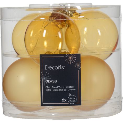 Box Da 6 Palline Di Natale Di Vetro Trasparente Lucida Colore Oro Chiaro 6Cm