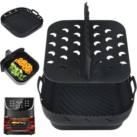 Moule en silicone pour friteuse à air avec séparateur, carré, accessoire compatible Ninja Speedi 5,7L / Cosori 5,5L / Tefal / Instant Vortex / Philips, 8 pouces, panier/plateau de cuisson