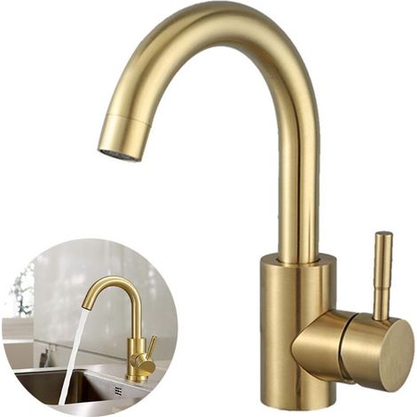 Robinet de lave-mains doré brossé – Mitigeur lavabo pivotant 360° – Acier inoxydable 304 – Économie d'eau 30% – Montage au pont (1/5)