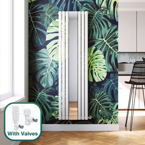 ELEGANT 1800 x 500 mm White Vertical Column Radiator Single Oval Panel Designer Mirror Bathroom Radiator + White Thermostatic Radiator Valves (1/5)