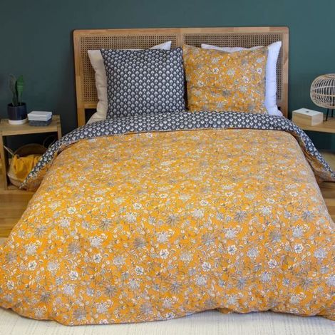 Parure de lit - Housse de Couette - 220x240 cm - 100% Coton - Imprimé Floral Jaune, Bleu - Réversible