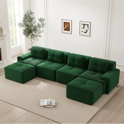 Canapé modulaire 4 places vert en velours côtelé avec chaise longue en U, assise profonde et base antidérapante (1/5)