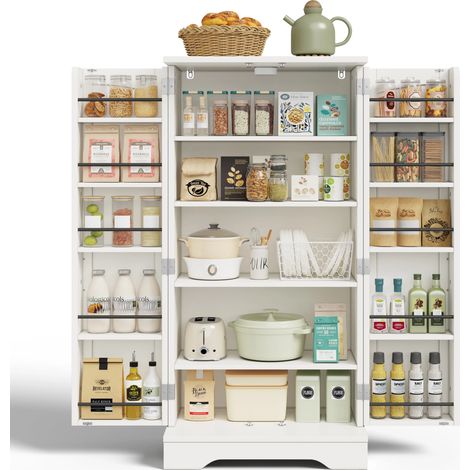 Hochschrank Küche, Stauraumschrank mit automatischer LED-Beleuchtung, 2 Türen, verstellbares Regal, 120x60x40 cm, Weiß