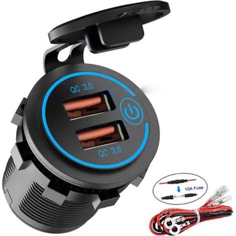 Schnellladefähiges USB-Autoladegerät 3.0 mit Schalter, 12 V/24 V, 36 W, zwei QC3.0-USB-Anschlüsse für Boot, Motorrad, LKW (Blau1) XXW (1/4)
