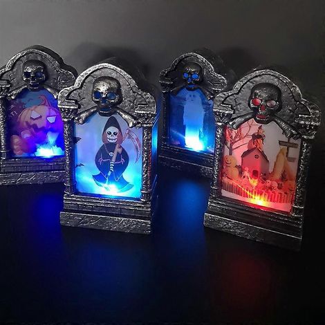 Lot de 4 guirlandes lumineuses LED décoratives pour Halloween, style pierre tombale, bougies, lumières squelettes clignotantes colorées, lumières citrouille portables (1/5)