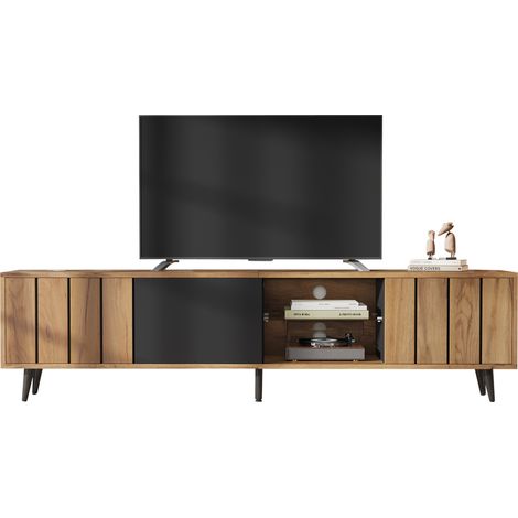 Meuble TV bas 175 cm avec 3 portes, rangement central en verre trempé, panneau de particules bois clair et noir, pour TV 75 pouces CHICFURN (1/5)