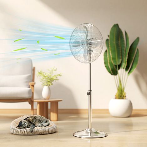 Ventilador de pedestal de 50 W, altura regulable de 87 a 120 cm, 3 velocidades, oscilación e inclinación ajustables, color plata.