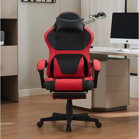 Chaise gaming ergonomique avec repose-pieds et double coussin lombaire, rangement au dos, PVC - noir rouge (1/5)