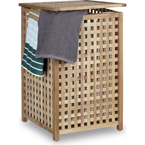 Relaxdays Walnut Laundry Hamper Wooden Laundry Storage Bin Basket with Lid, 67.5 x 45.7 x 45.7 cm, Laundry Organizer, Laundry Box Wood with Linen Sack Bag, Capacity of 75 L, Natural (1/5)