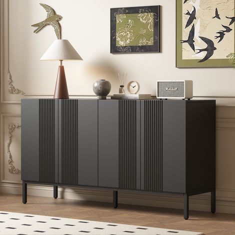 Modernes niedriges Sideboard mit 4 Türen, grifflos, verstellbare Regale, Aufbewahrungstruhe für Wohnzimmer, Schlafzimmer, Küche, 145 x 41,5 x 80 cm, Schwarz