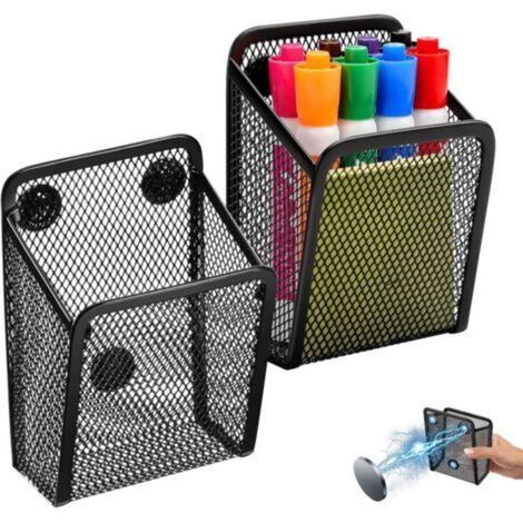 Ensemble de 2 porte-stylos magnétiques, paniers de rangement en maille métallique noire, organisateurs en maille pour réfrigérateur, fournitures de bureau, accessoires de casier