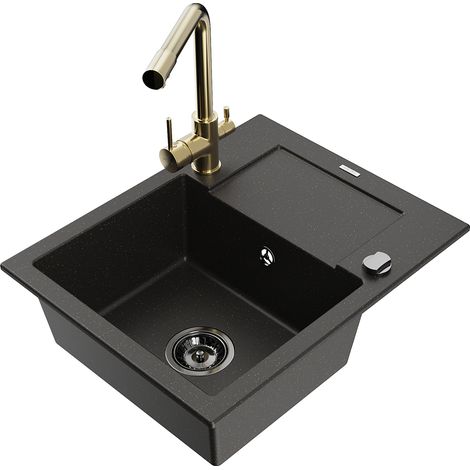 Mexen Enzo 1 Becken-Granitspüle mit Abtropffläche und Mischbatterie Duero, Schwarz/Gold metallisch -
