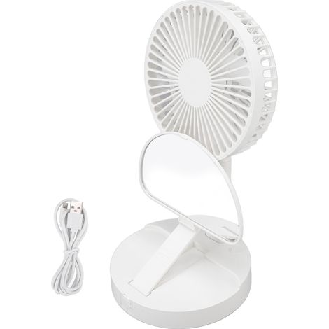 Ventilateur de bureau USB rechargeable avec miroir de maquillage, pliable, 3 vitesses, base en silicone, blanc, mini ventilateur portable