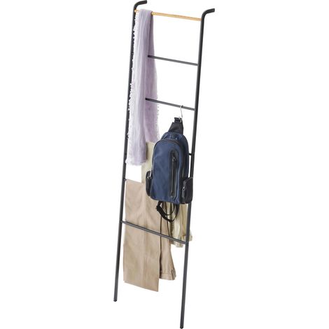Échelle de rangement inclinée, en acier - avec barre en bois, 6 niveaux, gain de place, porte-serviettes - 24 x 45 x 160 cm, design japonais, noir (1/5)