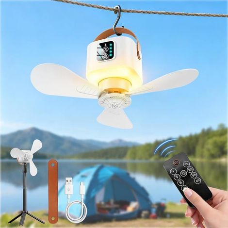 Ventilateur portable blanc avec télécommande, 4 vitesses et 3 niveaux d'éclairage, avec support (1/4)