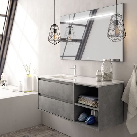 Meuble de salle de bain vasque déportée 2 tiroirs ciment (gris) - OLYMPE et miroir Led STAM - 120cm (1/4)