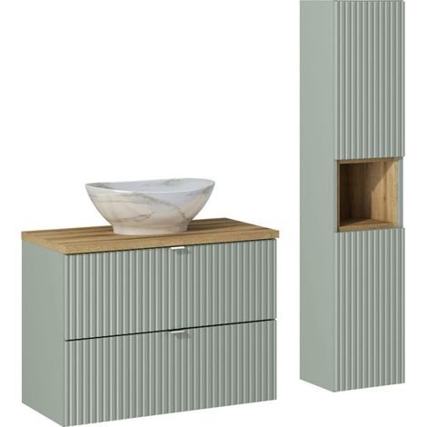 Meuble vasque à poser 80 cm + colonne - A tiroirs - Vert Roseau - Livraison gratuite