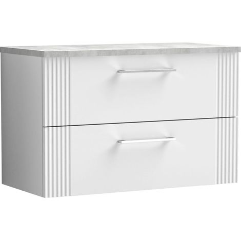 Belvide Partial Fluted 2 Drawer Wall Hung Vanity Unit with Bellato Grey Laminate Worktop - 800mm - Satin White