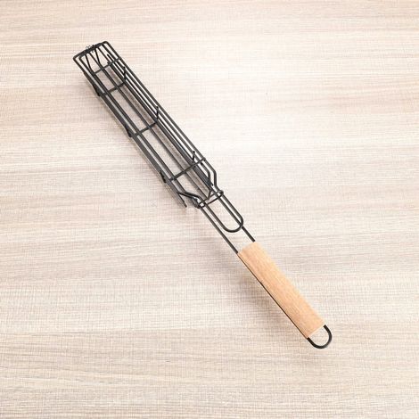 Lot de 2 paniers à griller pour barbecue, filets à steak, poisson, viande et légumes, avec manche en bois-AquaForge