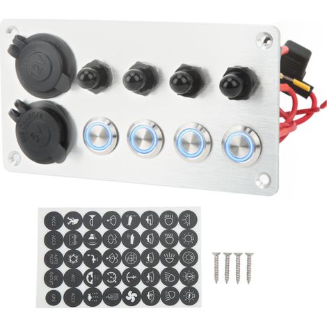 4-fach Drucktaster-Schalttafel mit Sicherungsautomaten, Zigarettenanzünderbuchse, USB-Ladeanschluss, blauer Hintergrundbeleuchtung, Aluminium, Edelstahl, für.