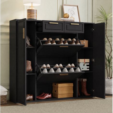 Meuble à chaussures en panneaux de particules noir 95x24x107,5 cm avec 2 portes, 2 tiroirs et tablettes réglables (1/5)